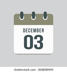 Icon page calendar day - 3 December. Date day week Sunday, Monday, Tuesday, Wednesday, Thursday, Friday, Saturday. 3th days of the month, vector illustration flat style. Winter holidays in December