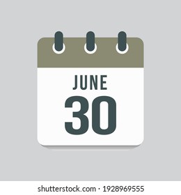 Icon page calendar day - 30 June. Date day of week Sunday, Monday, Tuesday, Wednesday, Thursday, Friday, Saturday. 30th days of the month, vector illustration flat style. Summer holidays in June
