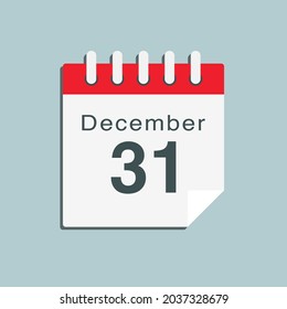 Icon page calendar day - 31 December. Date day week Sunday, Monday, Tuesday, Wednesday, Thursday, Friday, Saturday. 31th days of the month, vector illustration flat style. Winter holidays in December