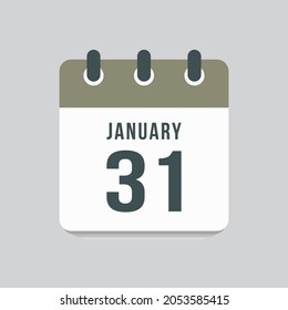 Icon page calendar day - 31 January. Date day week Sunday, Monday, Tuesday, Wednesday, Thursday, Friday, Saturday. 31th days of the month, vector illustration flat style. Winter holidays in January