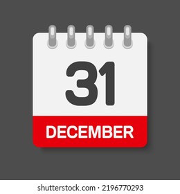 Icon page calendar day - 31 December. Days of the month, vector illustration flat style. 31 day of week Sunday, Monday, Tuesday, Wednesday, Thursday, Friday, Saturday. Date winter holidays in December