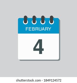 Icon page calendar day - 4 February. 4th days of the month, vector illustration flat style. Date day of week Sunday, Monday, Tuesday, Wednesday, Thursday, Friday, Saturday. Winter holidays in February