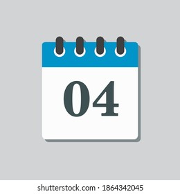Icon page calendar day - 4. Date day week Sunday, Monday, Tuesday, Wednesday, Thursday, Friday, Saturday. Empty template for design - 4th days of the month, vector illustration flat style.