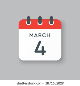 Icon page calendar day - 4 March. 4th days of the month, vector illustration flat style. Date day of week Sunday, Monday, Tuesday, Wednesday, Thursday, Friday, Saturday. Spring holidays in March
