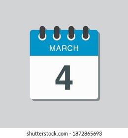 Icon page calendar day - 4 March. 4th days of the month, vector illustration flat style. Date day of week Sunday, Monday, Tuesday, Wednesday, Thursday, Friday, Saturday. Spring holidays in March