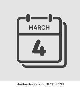 Icon page calendar day - 4 March. 4th days of the month, vector illustration flat style. Date day of week Sunday, Monday, Tuesday, Wednesday, Thursday, Friday, Saturday. Spring holidays in March