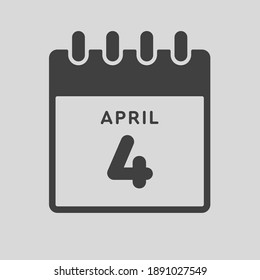 Icon page calendar day - 4 April. Days of the month, vector illustration flat style. 4th date day of week Sunday, Monday, Tuesday, Wednesday, Thursday, Friday, Saturday. Spring holidays in April