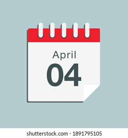 Icon page calendar day - 4 April. Days of the month, vector illustration flat style. 4th date day of week Sunday, Monday, Tuesday, Wednesday, Thursday, Friday, Saturday. Spring holidays in April