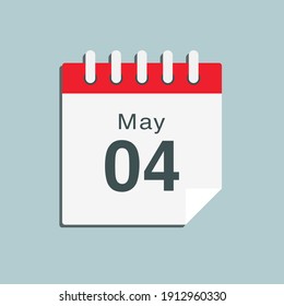 Icon page calendar day - 4 May. Date day of week Sunday, Monday, Tuesday, Wednesday, Thursday, Friday, Saturday. 4th days of the month, vector illustration flat style. Spring holidays in May