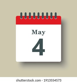 Icon page calendar day - 4 May. Date day of week Sunday, Monday, Tuesday, Wednesday, Thursday, Friday, Saturday. 4th days of the month, vector illustration flat style. Spring holidays in May