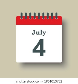 Icon page calendar day - 4 July. Date day of week Sunday, Monday, Tuesday, Wednesday, Thursday, Friday, Saturday. 4th days of the month, vector illustration flat style. Summer holidays in July