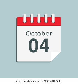 Icon page calendar day - 4 October. Date day week Sunday, Monday, Tuesday, Wednesday, Thursday, Friday, Saturday. 4th days of the month, vector illustration flat style. Autumn holidays in October