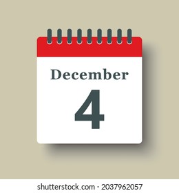 Icon page calendar day - 4 December. Date day week Sunday, Monday, Tuesday, Wednesday, Thursday, Friday, Saturday. 4th days of the month, vector illustration flat style. Winter holidays in December