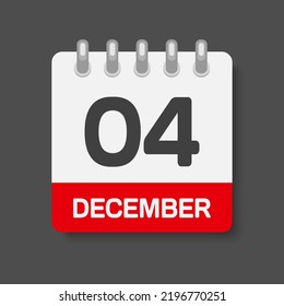 Icon page calendar day - 4 December. Days of the month, vector illustration flat style. 4th day of week Sunday, Monday, Tuesday, Wednesday, Thursday, Friday, Saturday. Date winter holidays in December