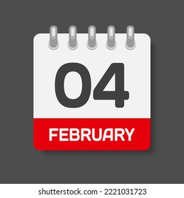 Icon page calendar day - 4 February. Days of the month, vector illustration flat style. 4th day of week Sunday, Monday, Tuesday, Wednesday, Thursday, Friday, Saturday. Date winter holidays in February