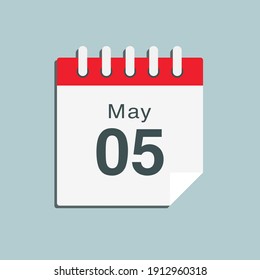 Icon page calendar day - 5 May. Date day of week Sunday, Monday, Tuesday, Wednesday, Thursday, Friday, Saturday. 5th days of the month, vector illustration flat style. Spring holidays in May