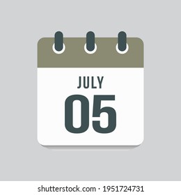 Icon page calendar day - 5 July. Date day of week Sunday, Monday, Tuesday, Wednesday, Thursday, Friday, Saturday. 5th days of the month, vector illustration flat style. Summer holidays in July