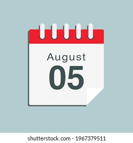 Icon page calendar day - 5 August. Date day of week Sunday, Monday, Tuesday, Wednesday, Thursday, Friday, Saturday. 5th days of the month, vector illustration flat style. Summer holidays in August