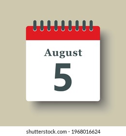 Icon page calendar day - 5 August. Date day of week Sunday, Monday, Tuesday, Wednesday, Thursday, Friday, Saturday. 5th days of the month, vector illustration flat style. Summer holidays in August