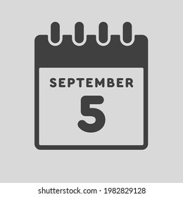 Icon page calendar day - 5 September. Date day week Sunday, Monday, Tuesday, Wednesday, Thursday, Friday, Saturday. 5th days of the month, vector illustration flat style. Autumn holidays in September