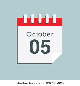 Día calendario de la página de iconos - 5 de octubre. Fecha día semana domingo, lunes, martes, miércoles, jueves, viernes, sábado. 5º día del mes, ilustración vectorial estilo plano. Vacaciones de otoño en octubre