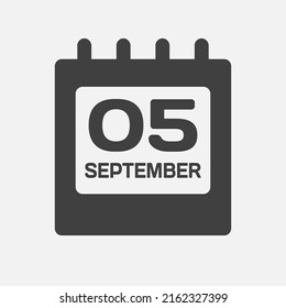 Icon page calendar day - 5 September. Days of the month, vector illustration flat. 5th day of week Sunday, Monday, Tuesday, Wednesday, Thursday, Friday, Saturday. Date autumn holidays in September