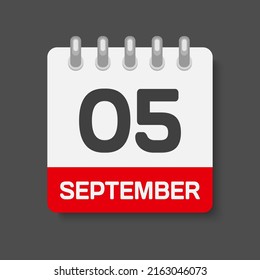 Icon page calendar day - 5 September. Days of the month, vector illustration flat. 5th day of week Sunday, Monday, Tuesday, Wednesday, Thursday, Friday, Saturday. Date autumn holidays in September