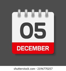 Icon page calendar day - 5 December. Days of the month, vector illustration flat style. 5th day of week Sunday, Monday, Tuesday, Wednesday, Thursday, Friday, Saturday. Date winter holidays in December