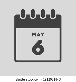 Icon page calendar day - 6 May. Date day of week Sunday, Monday, Tuesday, Wednesday, Thursday, Friday, Saturday. 6th days of the month, vector illustration flat style. Spring holidays in May