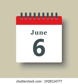 Icon page calendar day - 6 June. Date day of week Sunday, Monday, Tuesday, Wednesday, Thursday, Friday, Saturday. 6th days of the month, vector illustration flat style. Summer holidays in June