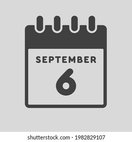 Icon page calendar day - 6 September. Date day week Sunday, Monday, Tuesday, Wednesday, Thursday, Friday, Saturday. 6th days of the month, vector illustration flat style. Autumn holidays in September