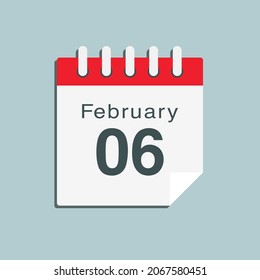 Icon page calendar day - 6 February. Date day week Sunday, Monday, Tuesday, Wednesday, Thursday, Friday, Saturday. 6th days of the month, vector illustration flat style. Winter holidays in February