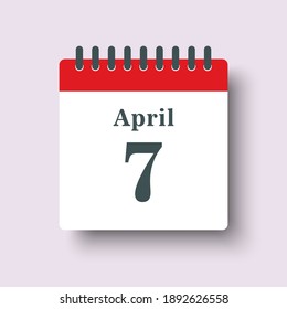Icon page calendar day - 7 April. Days of the month, vector illustration flat style. 7th date day of week Sunday, Monday, Tuesday, Wednesday, Thursday, Friday, Saturday. Spring holidays in April