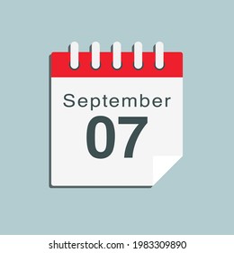 Icon page calendar day - 7 September. Date day week Sunday, Monday, Tuesday, Wednesday, Thursday, Friday, Saturday. 7th days of the month, vector illustration flat style. Autumn holidays in September