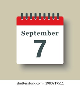 Icon page calendar day - 7 September. Date day week Sunday, Monday, Tuesday, Wednesday, Thursday, Friday, Saturday. 7th days of the month, vector illustration flat style. Autumn holidays in September