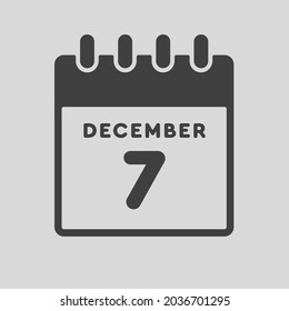 Icon page calendar day - 7 December. Date day week Sunday, Monday, Tuesday, Wednesday, Thursday, Friday, Saturday. 7th days of the month, vector illustration flat style. Winter holidays in December