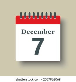 Icon page calendar day - 7 December. Date day week Sunday, Monday, Tuesday, Wednesday, Thursday, Friday, Saturday. 7th days of the month, vector illustration flat style. Winter holidays in December