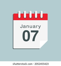 Icon page calendar day - 7 January. Date day week Sunday, Monday, Tuesday, Wednesday, Thursday, Friday, Saturday. 7th days of the month, vector illustration flat style. Winter holidays in January