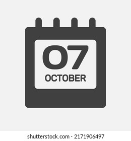 Icon page calendar day - 7 October. Days of the month, vector flat style. Day of week Sunday, Monday, Tuesday, Wednesday, Thursday, Friday, Saturday. Date autumn holidays in Ocotber. Number seven