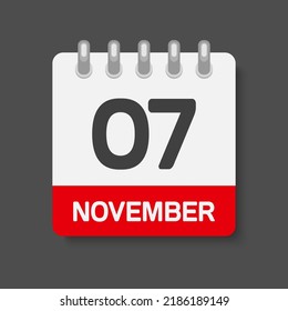 Icon page calendar day - 7 November. Days of the month, vector illustration flat style. 7th day week Sunday, Monday, Tuesday, Wednesday, Thursday, Friday, Saturday. Date autumn holidays in November