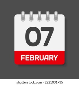 Icon page calendar day - 7 February. Days of the month, vector illustration flat style. 7th day of week Sunday, Monday, Tuesday, Wednesday, Thursday, Friday, Saturday. Date winter holidays in February