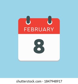 Icon page calendar day - 8 February. 8th days of the month, vector illustration flat style. Date day of week Sunday, Monday, Tuesday, Wednesday, Thursday, Friday, Saturday. Winter holidays in February