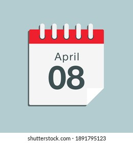 Icon page calendar day - 8 April. Days of the month, vector illustration flat style. 8th date day of week Sunday, Monday, Tuesday, Wednesday, Thursday, Friday, Saturday. Spring holidays in April