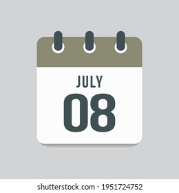 Icon page calendar day - 8 July. Date day of week Sunday, Monday, Tuesday, Wednesday, Thursday, Friday, Saturday. 8th days of the month, vector illustration flat style. Summer holidays in July