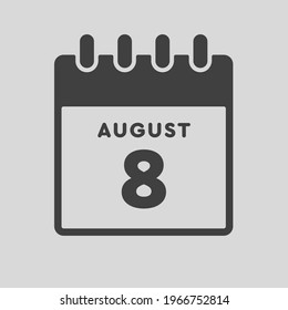 Icon page calendar day - 8 August. Date day of week Sunday, Monday, Tuesday, Wednesday, Thursday, Friday, Saturday. 8th days of the month, vector illustration flat style. Summer holidays in August