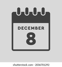 Icon page calendar day - 8 December. Date day week Sunday, Monday, Tuesday, Wednesday, Thursday, Friday, Saturday. 8th days of the month, vector illustration flat style. Winter holidays in December