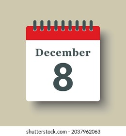 Icon page calendar day - 8 December. Date day week Sunday, Monday, Tuesday, Wednesday, Thursday, Friday, Saturday. 8th days of the month, vector illustration flat style. Winter holidays in December