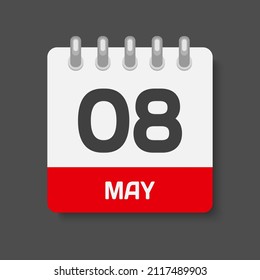 Icon page calendar day - 8 May. Days of the month, vector illustration flat style. 8th date day of week Sunday, Monday, Tuesday, Wednesday, Thursday, Friday, Saturday. Spring holidays in May