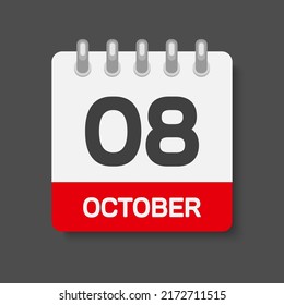 Icon page calendar day - 8 October. Days of the month, vector flat style. Day of week Sunday, Monday, Tuesday, Wednesday, Thursday, Friday, Saturday. Date autumn holidays in Ocotber. Number eight