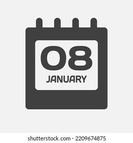 Icon page calendar day - 8 January. Days of the month, vector illustration flat style. 8th day of week Sunday, Monday, Tuesday, Wednesday, Thursday, Friday, Saturday. Date winter holidays in January